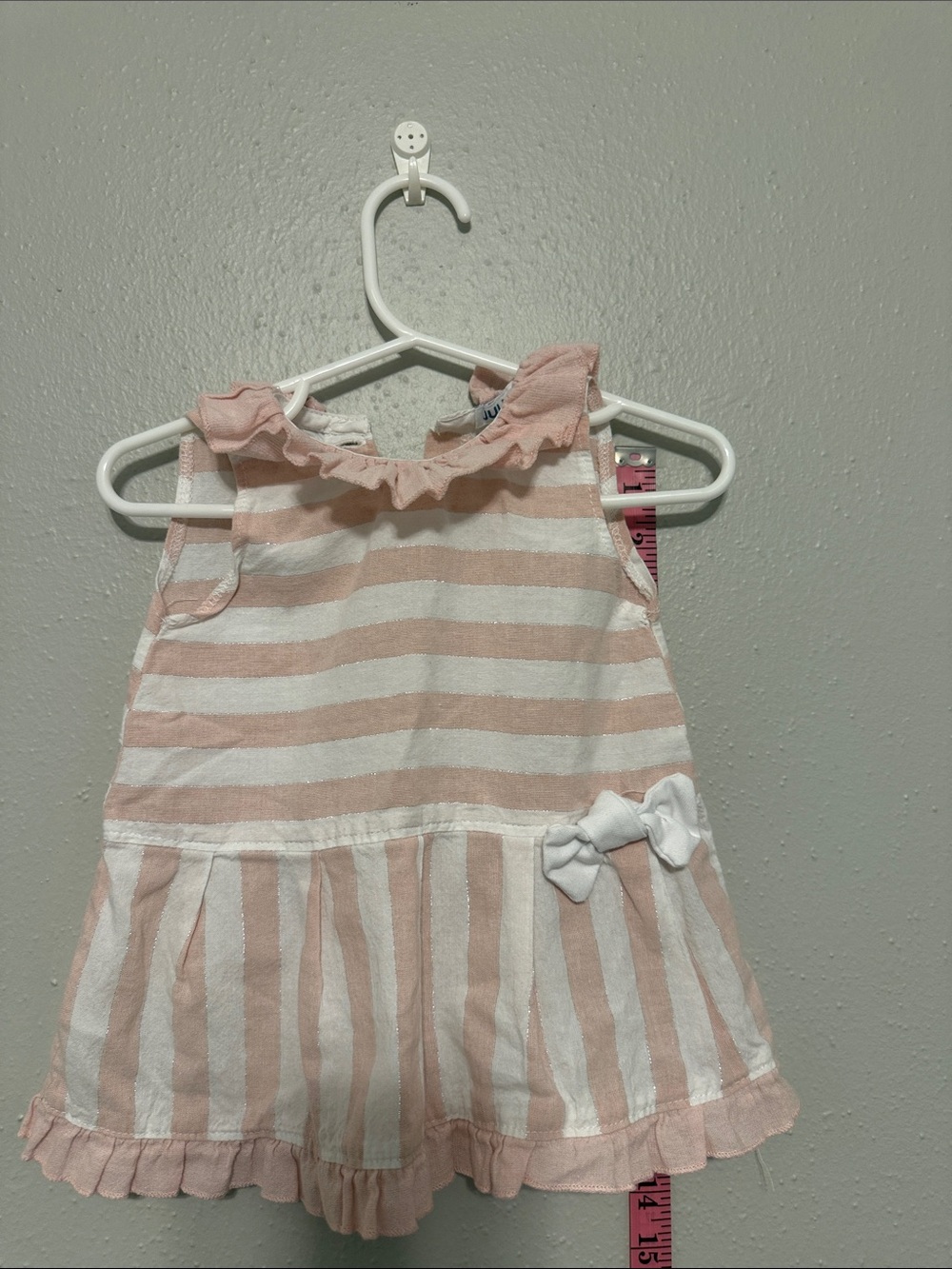 Girls Pink & White Striped Ruffle Dress with Bow